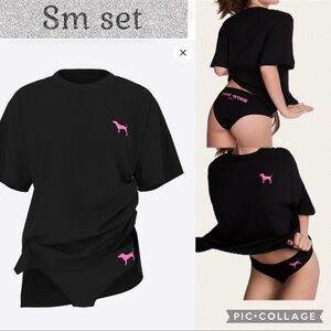 PINK VS Cotton Side-Slit Tee & Panty Set black pink dog logo YOU WISH sz sm